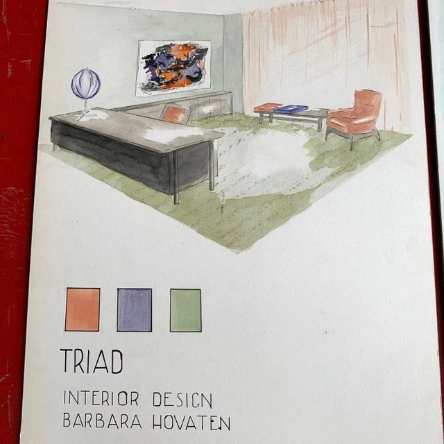 Fantastic group of 4 original interior design renderings in ink and watercolor by longtime Denver designer Barbara Hovaten...