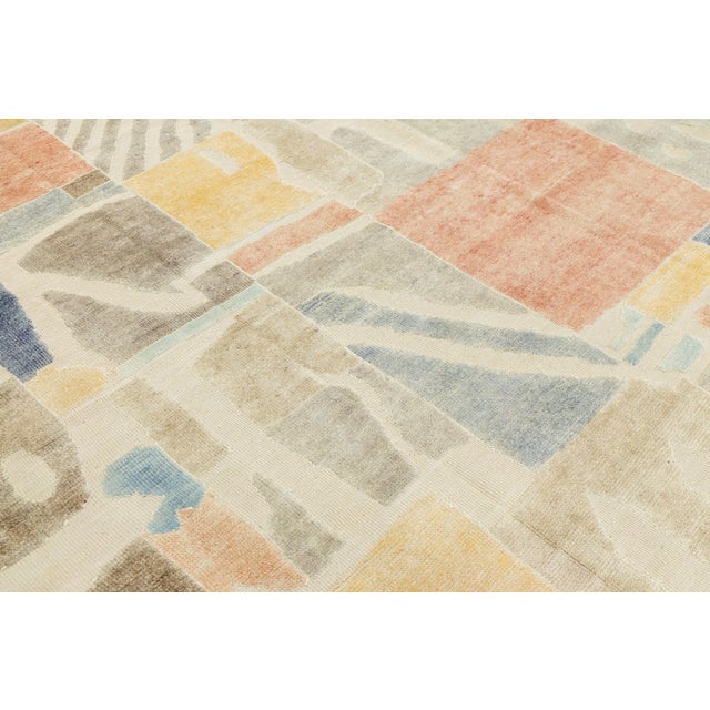 Modernist Cubist Style Handcrafted Wool Area Rug Soft Terracotta, Ochre & Indigo For Sale - Image 11 of 12