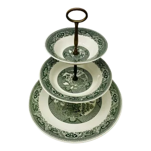 1970s Willow Ware by Royal China Green 3 Tier Cake Stand