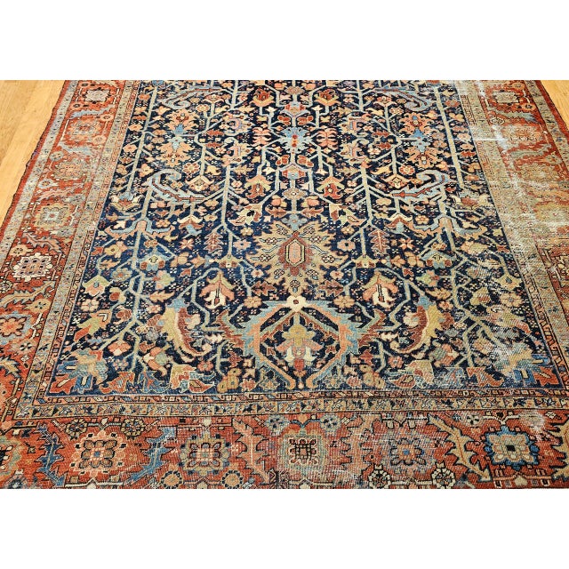 Antique Persian Heriz Serapi Rug, Hand-Knotted Wool, Allover Tree of Life Pattern, Blue & Brick-Red, 9x12 For Sale - Image 17 of 18