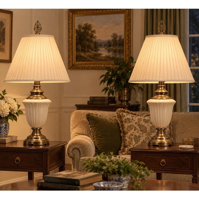 Vintage Neoclassical Cream Ceramic Urn Lamps With Pleated Ivory Shades - a Pair For Sale - Image 4 of 12