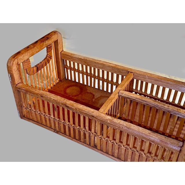 Mid 20th Century Wooden Rattan Divided Basket Caddy With Handles - Storage, Decor, Office Accessory For Sale - Image 11 of 13