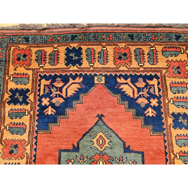 Textile Vintage Kurdish Tribal Rug With Medallion Design in Red, Green & Saffron For Sale - Image 7 of 18