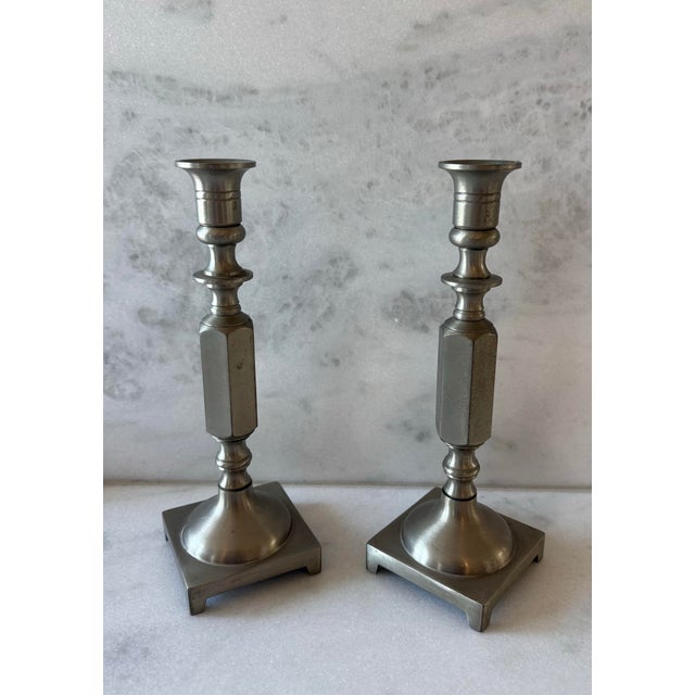 Pair of Vintage Silver Tone Solid Brass Candlesticks For Sale - Image 4 of 10