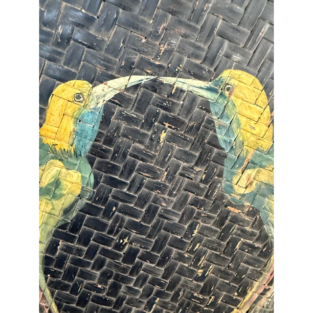 Mid 20th Century Large Vintage Wicker Basket Tray With Hand Painted Birds of Paradise For Sale - Image 5 of 11