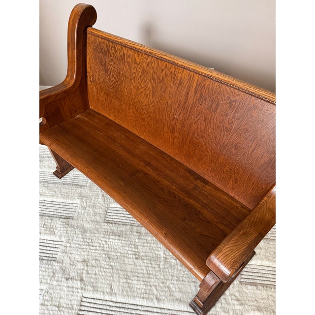 Early 20th Century Antique Solid Mission Carved Oak Wood Church Pew Bench For Sale - Image 5 of 12