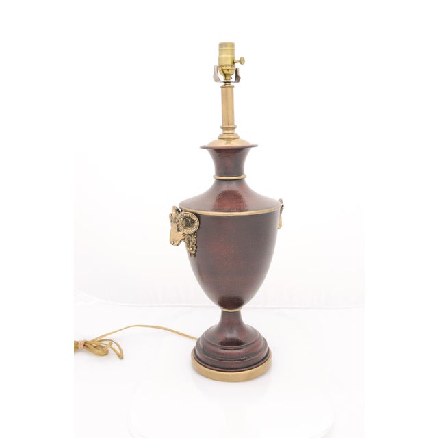 E.F. Chapman 1980s Neoclassical Enameled Oxblood & Brass Rams Head Lamps, Attr. Chapman For Sale - Image 4 of 6