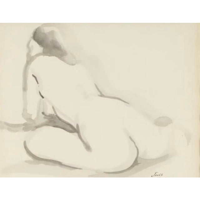 An expressive mid-century ink wash by American artist Jules Zugbe, depicting a seated female nude viewed from behind....