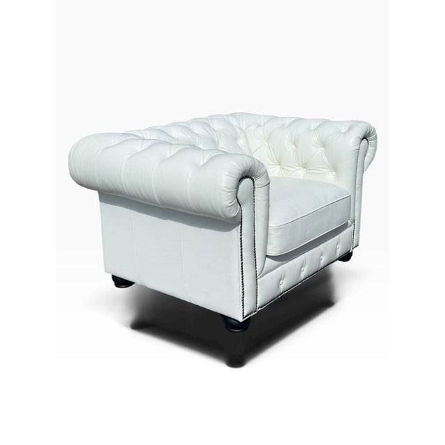 Contemporary White Leather Chesterfield Club Chair | Tufted Chair-and-a-Half | Nailhead Trim & Bun Feet For Sale - Image 3 of 7