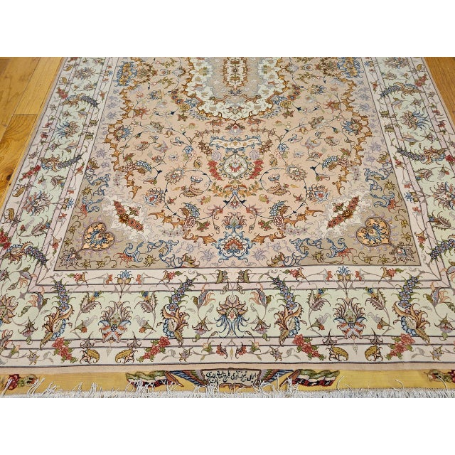 Tabriz Rug, Hand-Knotted Wool & Silk, Floral Design Taupe & Pale Green, 7x10 For Sale - Image 17 of 18