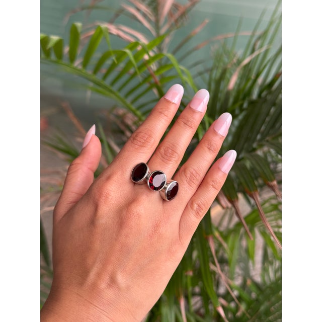 Red Antique Style Deep Red Garnet Triple Stone Bezel Set Silver Ring - Size 8.5 For Sale - Image 8 of 13