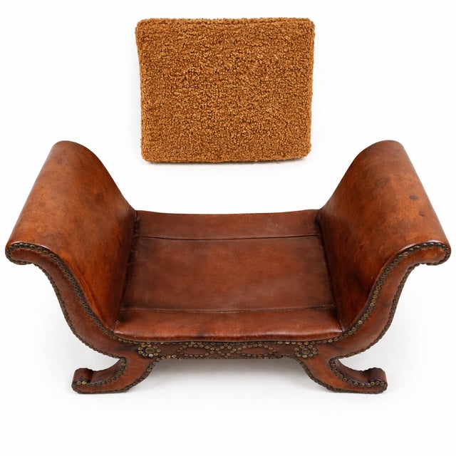 Swedish Leather Footstool attributed to Otto Schulz for Boet, 1930s Art Deco Studded Stool For Sale - Image 4 of 8