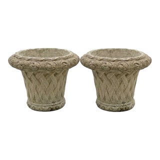 Pair of Vintage Basketweave Cast Stone Planters For Sale