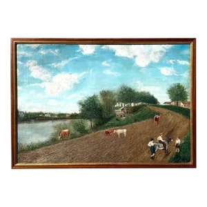 Vintage Original Pastoral Oil Painting of Cows Grazing