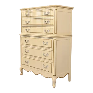 French Provincial Louis XV Cream Lacquered and Gold Gilt Highboy Dresser in the Manner of John Widdicomb, 1950s