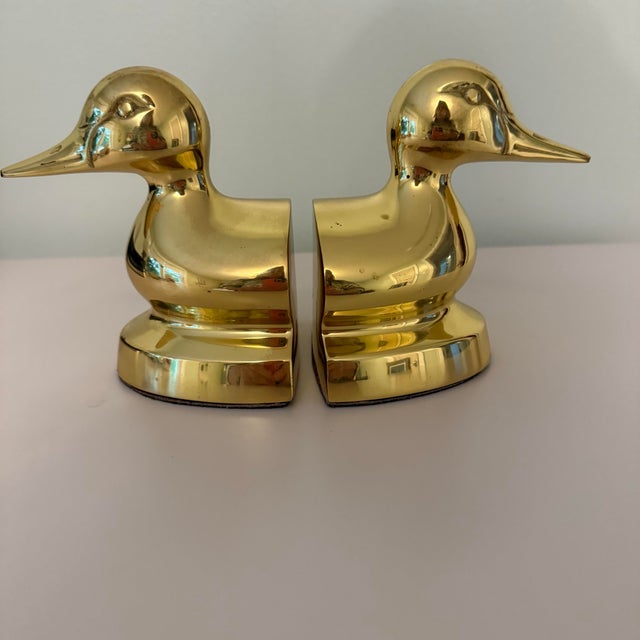 Metal Vintage Solid Polished Brass Mallard Duck Bookends, a Pair For Sale - Image 7 of 7