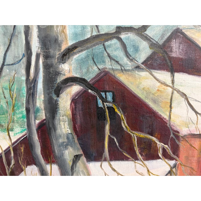 Large 1963 Signed Oil Painting Winter Landscape Red Barn Snow Scene Rustic Farm by L. Brade For Sale - Image 15 of 18
