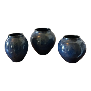 Mid-Century Hand Thrown Pottery Vases in Blue, Set of 3