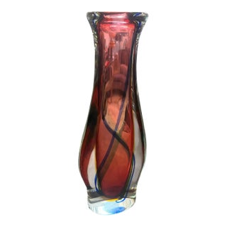 1980s Flavio Poli Modern Pink Blue and Yellow Sommerso Murano Glass Tall Vase For Sale