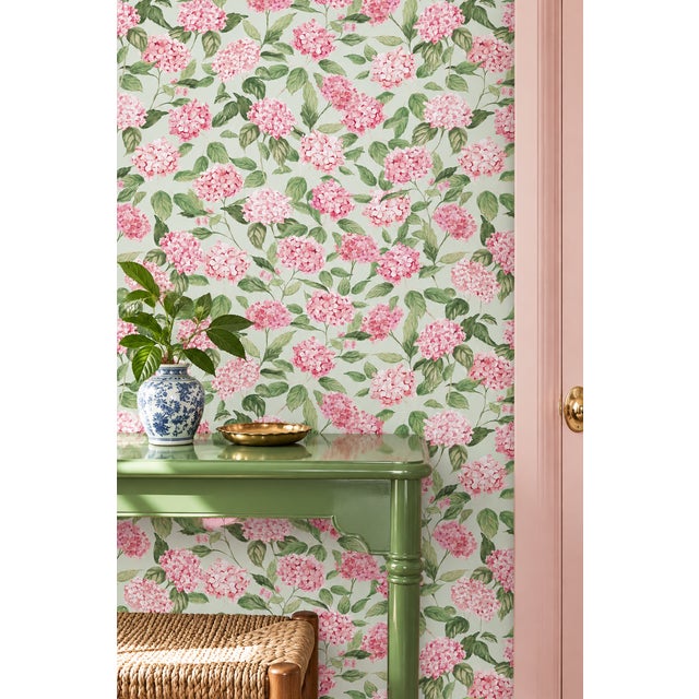 Traditional Hydrangea Blooms Floral Grasscloth Wallpaper by House Party | Gatsby Pink | 6 Yards For Sale - Image 3 of 10