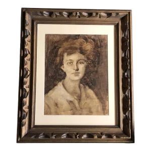 Original Vintage Female Portrait Oil Wash Painting Vintage Carved Wood Frame