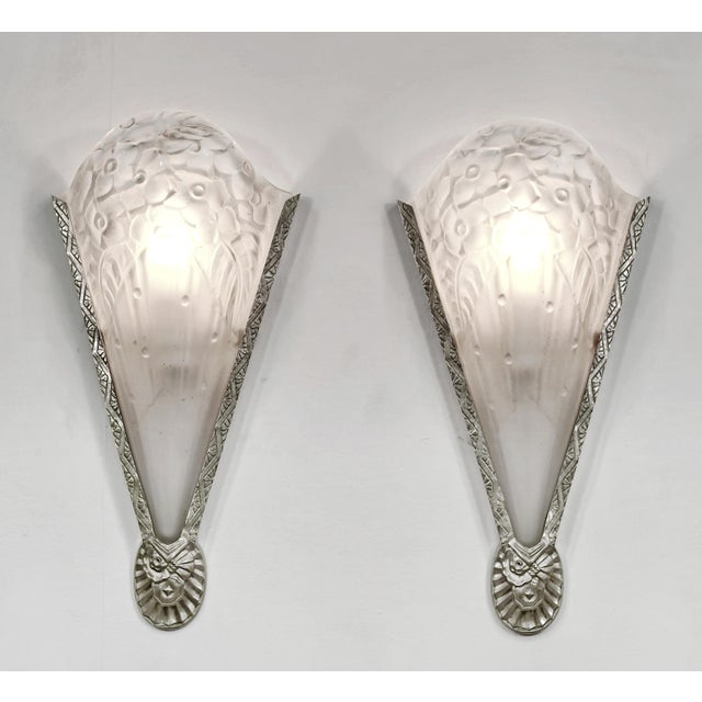 wall sconces by Ets. Jean Gauthier A pair of French 1930s art deco wall lights in nickel plated solid brass or bronze...