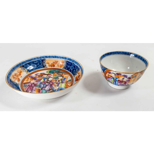 Chinoiserie 19th Century Chinese Export Rose Mandarin Palette Teacup and Saucer For Sale - Image 3 of 18
