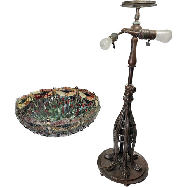 Pair of Vintage Art Nouveau Tiffany Style Lamps With Hand Leaded Glass Shades For Sale - Image 9 of 12