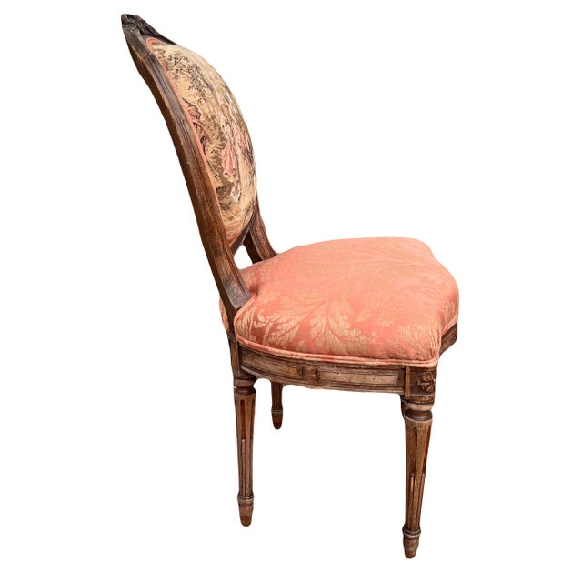 A stunning 19th century French Louis XVI style bergere chair with pictorial tapestry backrest and silk jacquard...