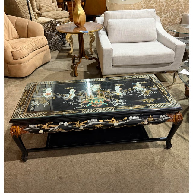 Wood Vintage Black Chinoiserie Coffee Table With Shellwork & Glass Top For Sale - Image 7 of 10