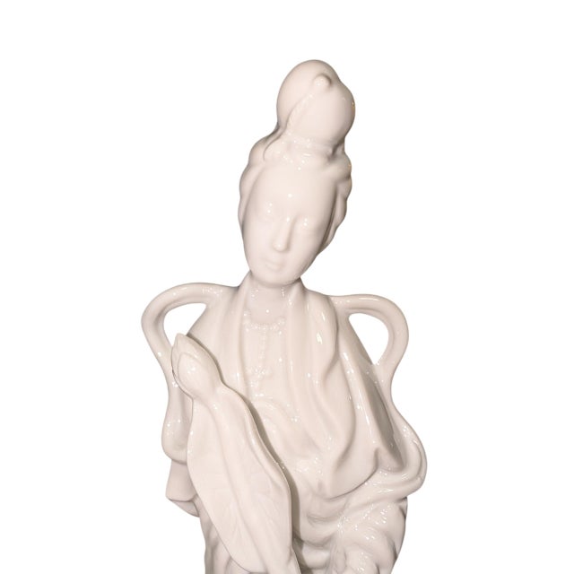 Vintage Blanc De Chine Porcelain Guanyin Figure Holding Lotus For Sale In Boston - Image 6 of 7