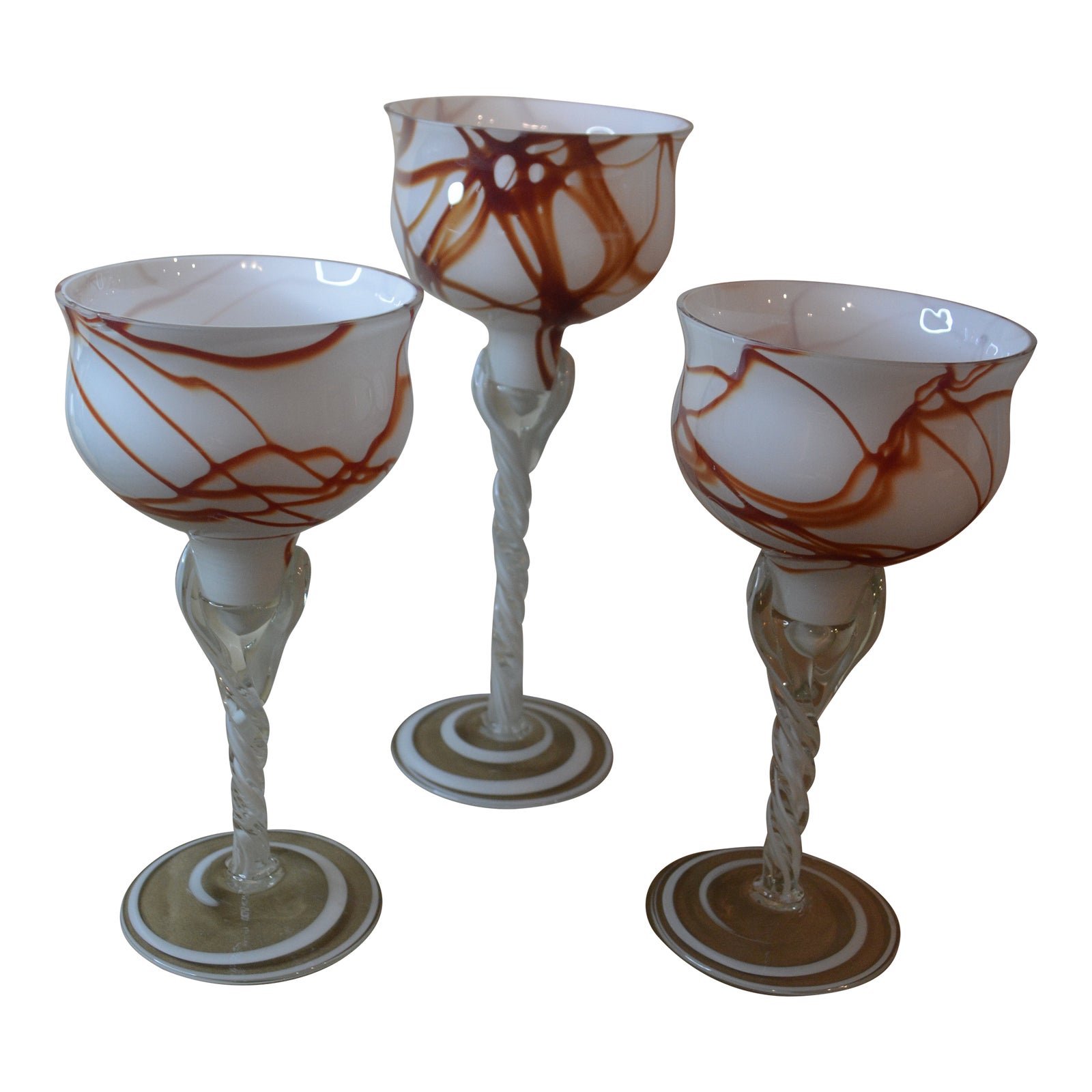 Mid 20th Century Vintage Krosno Poland Caramel Swirl Goblet Style Art Glass Candle Holders Set