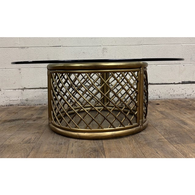 Vintage Boho Style Rattan and Glass Round Coffee Table Cocktail Table For Sale In Kansas City - Image 6 of 15