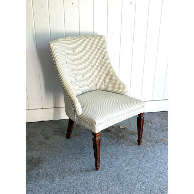 Tufted Blue-Gray Plaid / Wood-Leg Accent Chair For Sale - Image 4 of 7