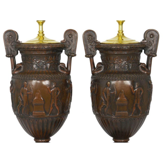 Circa 1900 Pair of Antique Bronze Sculpture Table Lamps W/ Greek