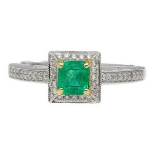 0.61 Carat Emerald & Diamond Square Shape Ring in 14k White Gold Size 6.5