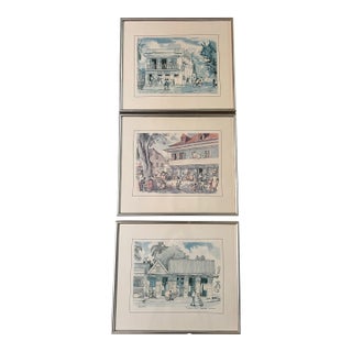 Jill Walker Barbados Prints – Set of 3 Framed Caribbean Street Scenes (17x14.5”) Speightstown, Bridgetown For Sale