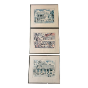 Jill Walker Barbados Prints – Set of 3 Framed Caribbean Street Scenes (17x14.5”) Speightstown, Bridgetown