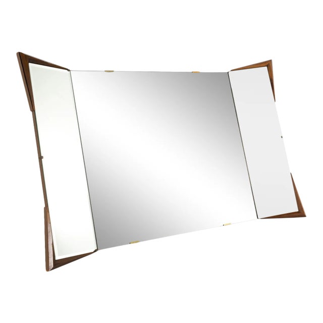 Albert Parvin for American of Martinsville Style Mid Century Diamond Walnut 3 Way Folding Mirror For Sale