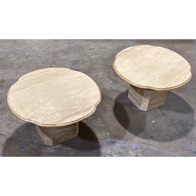 Stone Pair of Vintage 1970s Italian Travertine Scalloped Edge End Tables – 27.75" Diameter For Sale - Image 7 of 18