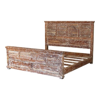 Handmade Hand Craved King Size Bed With Shutter Style Headboard & Footboard | Farmhouse Style Distressed Bedroom Bed For Sale