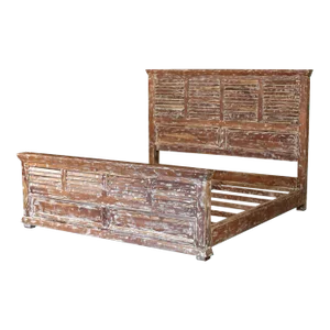 Handmade Hand Craved King Size Bed With Shutter Style Headboard & Footboard | Farmhouse Style Distressed Bedroom Bed