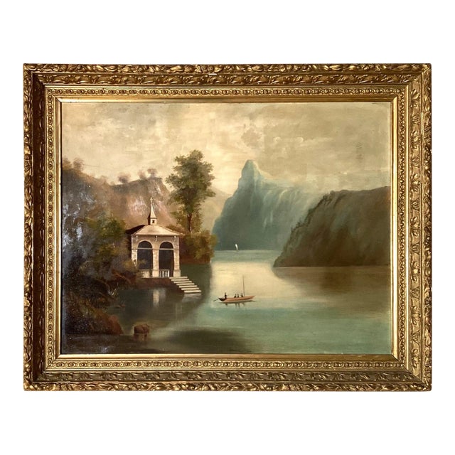 Alpine School 19th Century Oil Painting of Chapel on a Swiss River For Sale