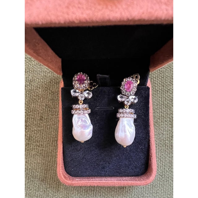 Early 21st Century Bochic "Orient" Vintage Ruby, Topaz & White Pearls Earrings - 18K Gold & Silver For Sale - Image 5 of 7