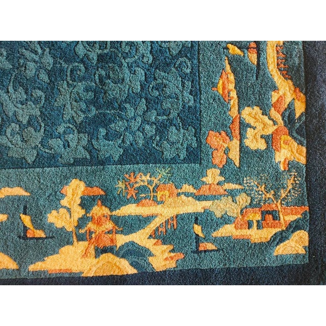 Chinese Vibrant Blue Color With Gold Figurative Borders Antique Chinese Peking Rug For Sale - Image 3 of 7