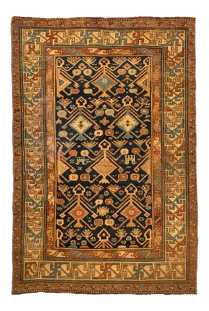 1940s Navy Blue Ivory Gold Geometric Tribal Caucasian Dagestan Rug