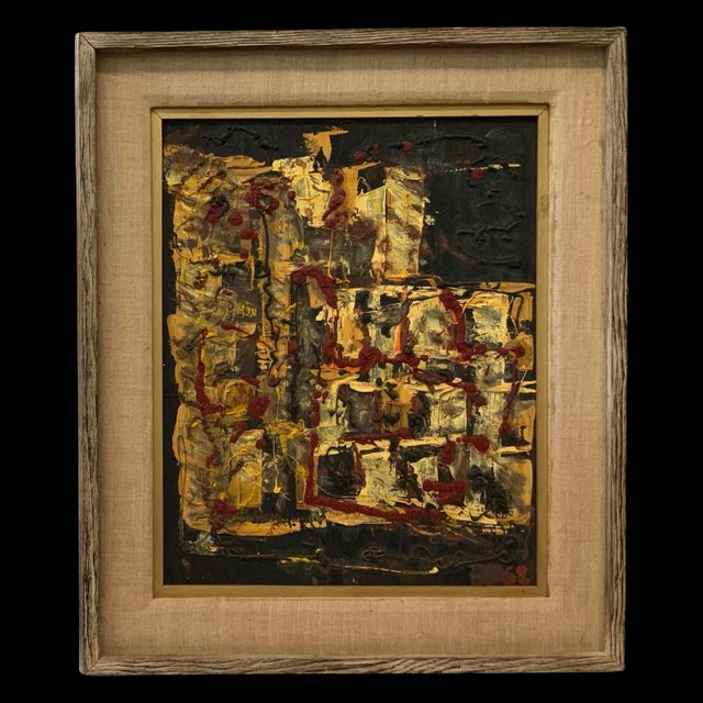 This vintage abstract oil painting on canvas captures the essence of Mid-Century Modern design, likely dating to the...