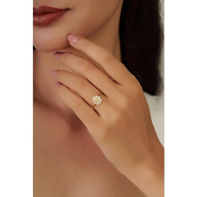 Vintage-Inspired Natural Yellow Diamond Cluster Engagement Ring 14k Gold Size 4 For Sale - Image 12 of 17