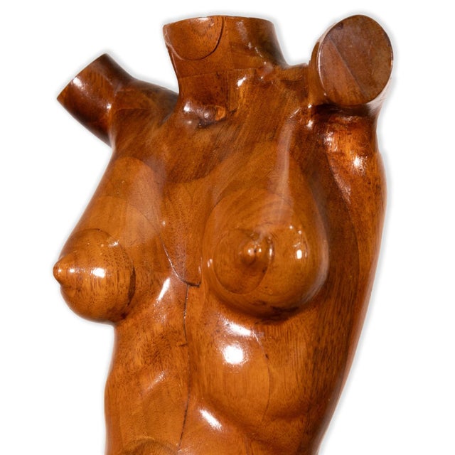 Mid Century Modern Carved Wood Female Figure Bust Sculpture on Black Base For Sale In Detroit - Image 6 of 7