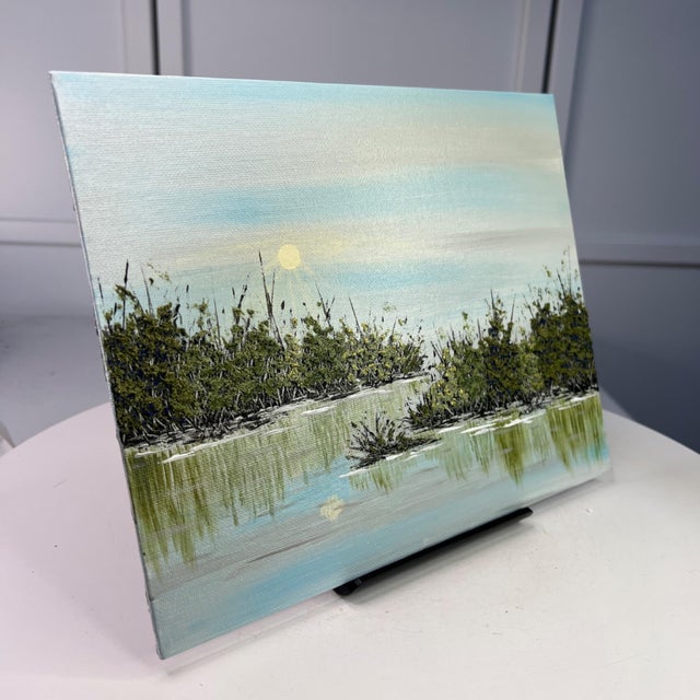 Contemporary Contentment Acrylic Painting 8x10 Original Wall Art Trees & Lake Scene Unframed For Sale - Image 3 of 7
